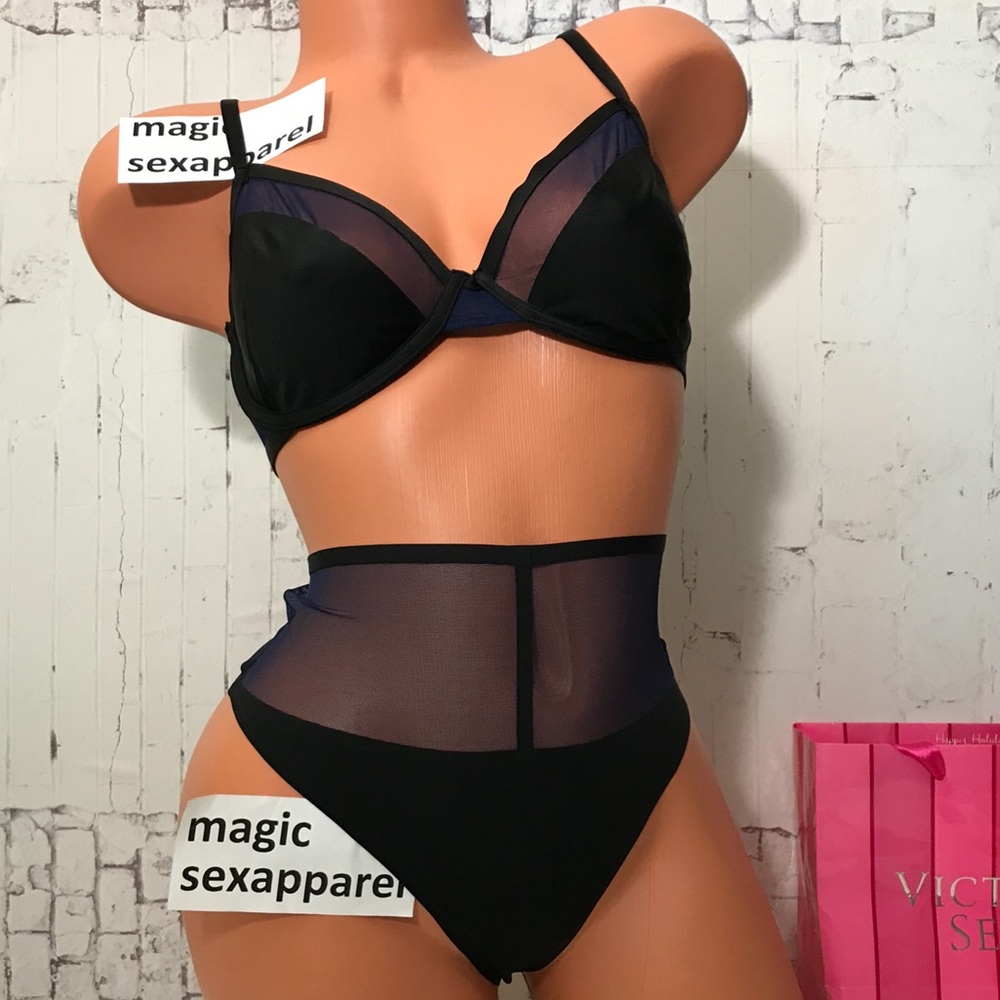 VS LUXE 36 BRA PANTY SET PLUNGE SMOOTH MESH SHEER DEMI BRA HIGH-WAIST THONG - Picture 1 of 2